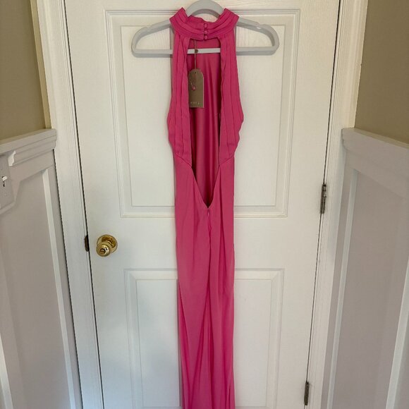 Meshki Satin Drape Back Maxi Dress with Split - Pink / XS - Picture 10 of 12
